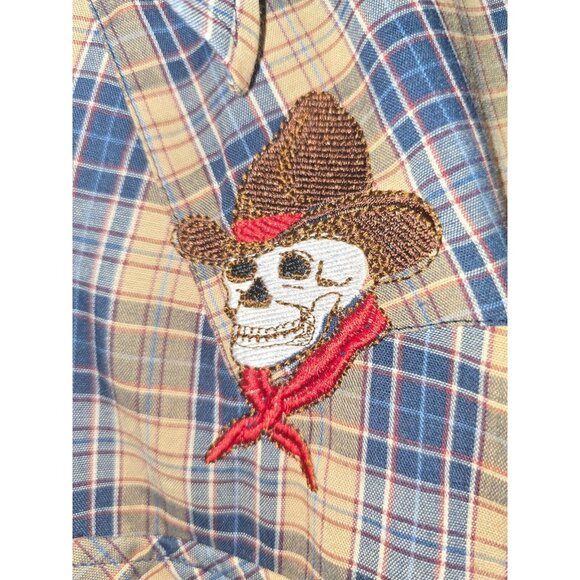 Vintage Levi's Western Shirt Plaid Skull Embroidery Pearl Snap Rockabilly Grunge - Picture 8 of 8